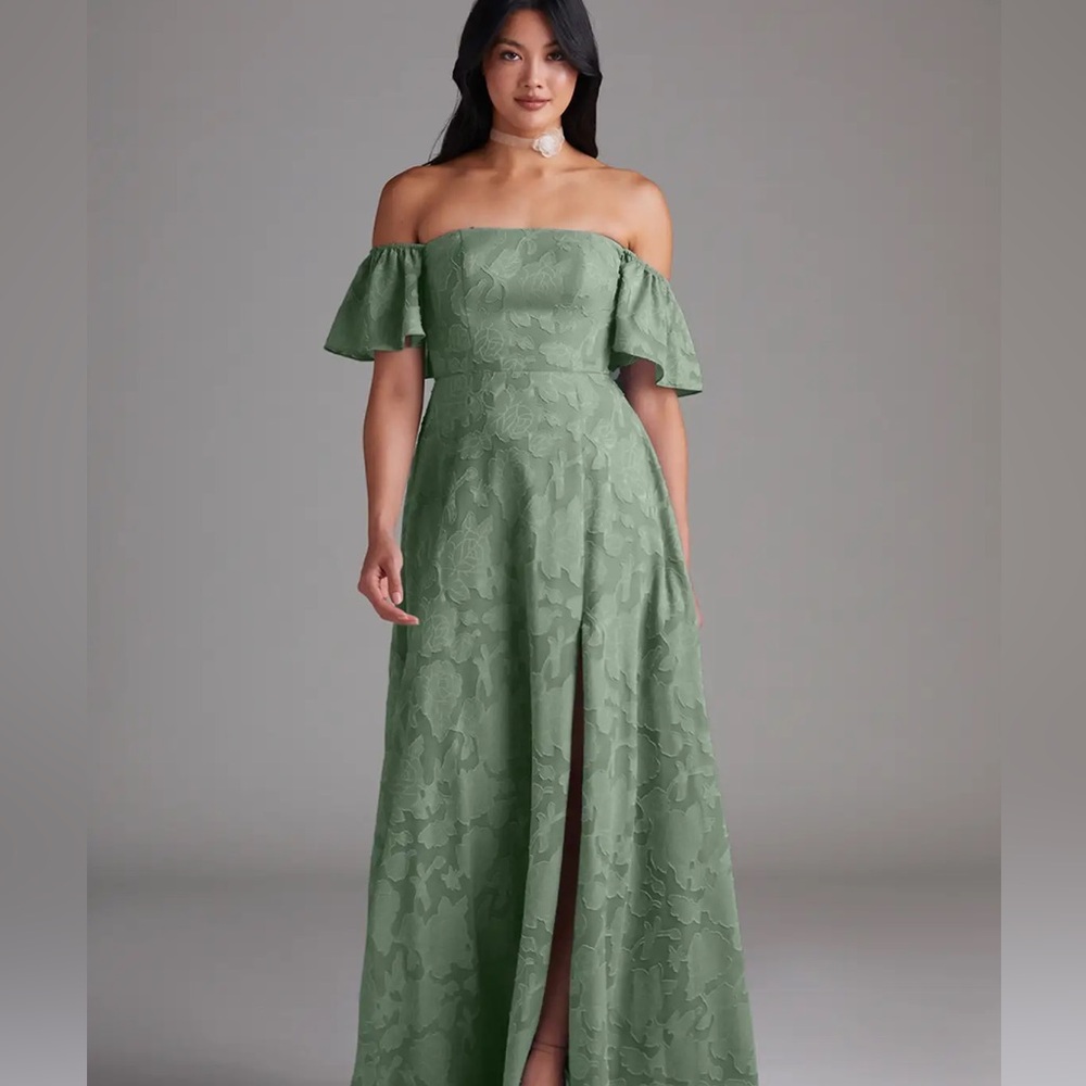 Azazie Sage Green Off-Shoulder Strapless Gown